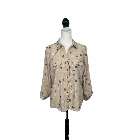 Adrienne Vittadini Womens Blouse Size L Collared Polka Dots Button-Up Neutral - Picture 1 of 10